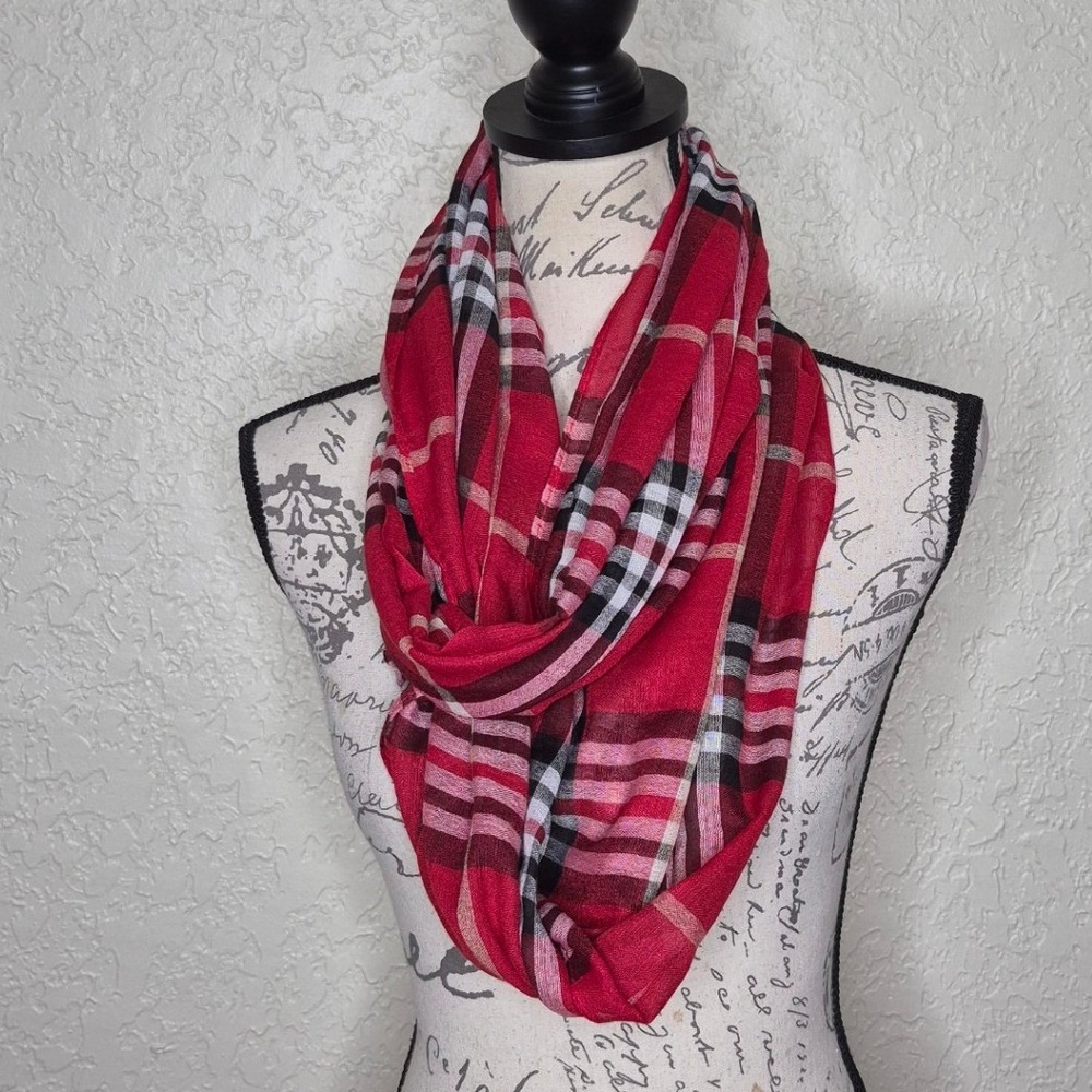 V. Fraas Red Plaid Infinity Scarf Lightweight Tartan Loop Scarf